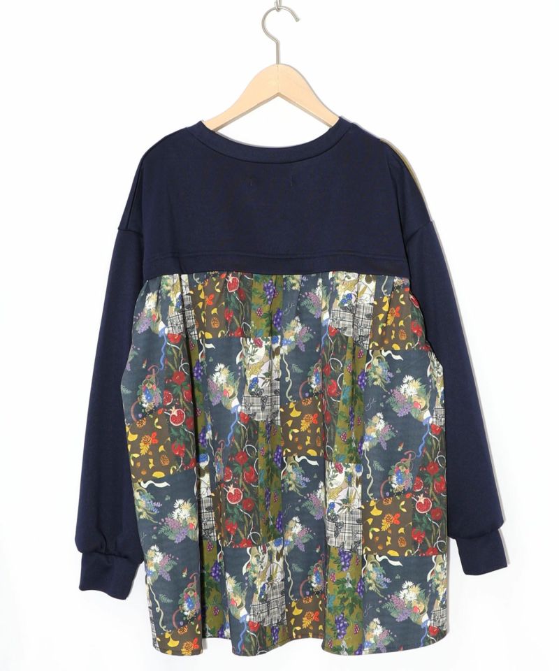 花蝶柄×無地リメイク風 異素材切替プルオーバー-12