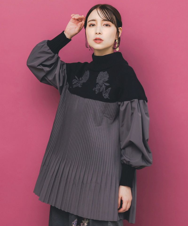 花刺繍ニット×プリーツ異素材切替プルオーバー-1