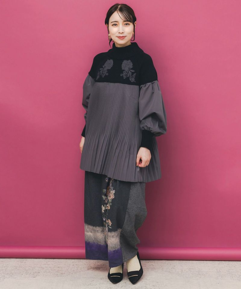 花刺繍ニット×プリーツ異素材切替プルオーバー-2