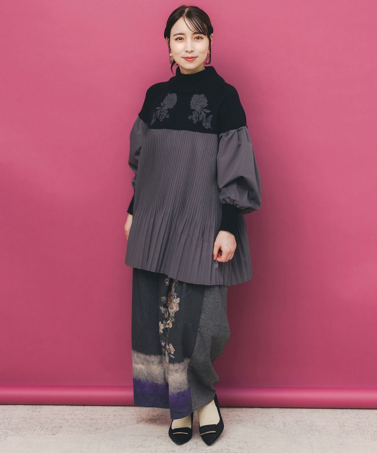 花刺繍ニット×プリーツ異素材切替プルオーバー-2