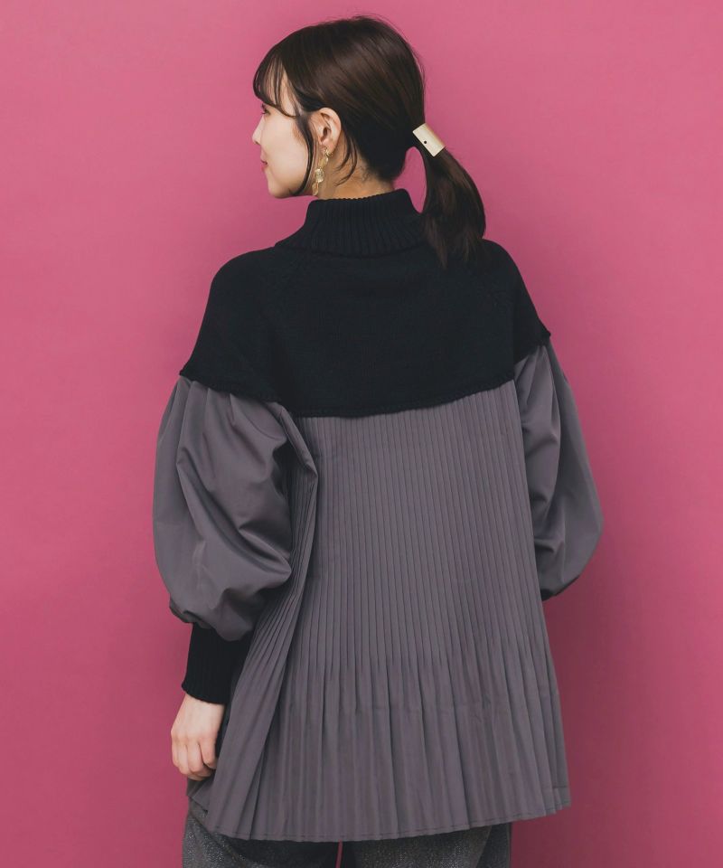 花刺繍ニット×プリーツ異素材切替プルオーバー-5