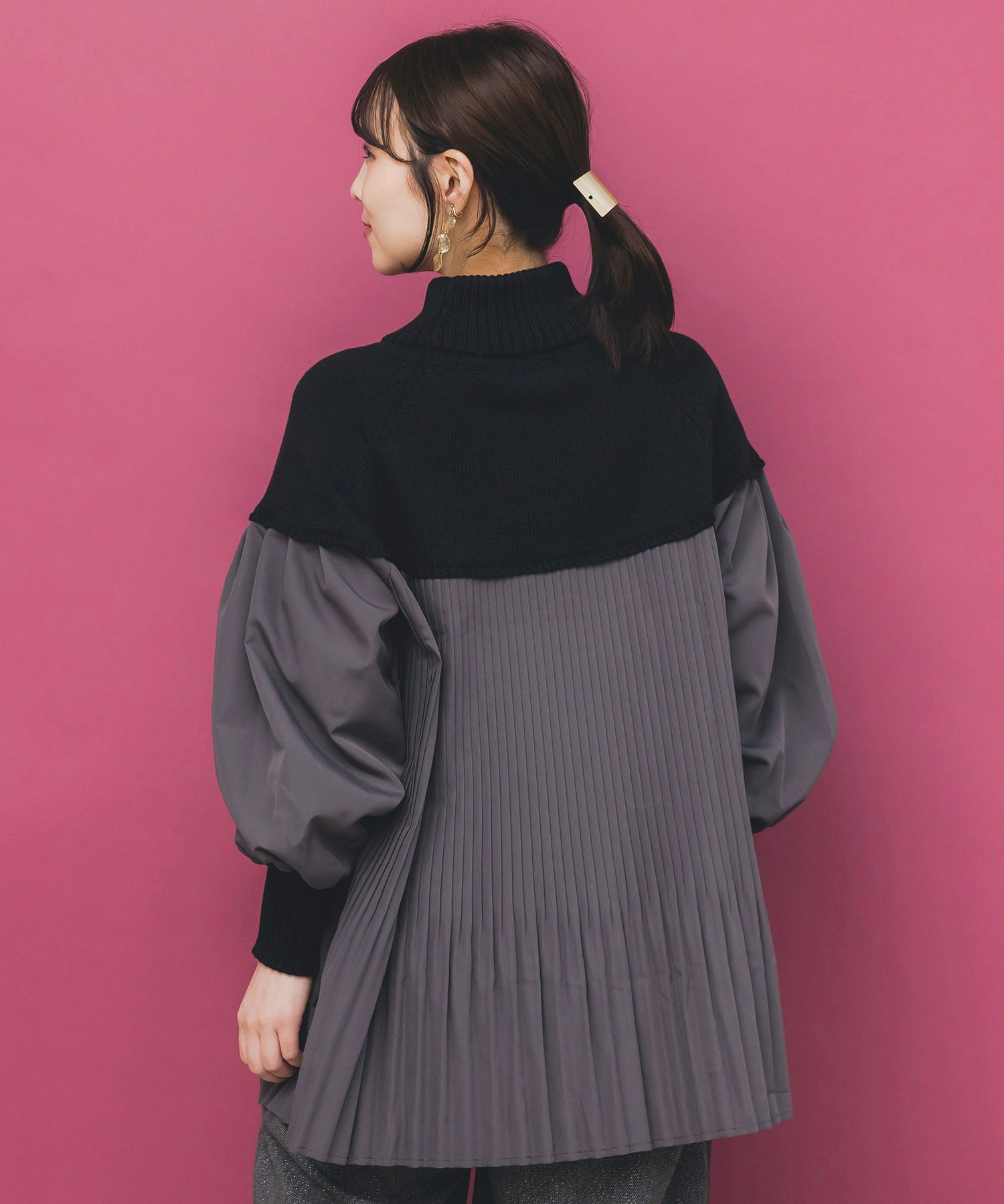 花刺繍ニット×プリーツ異素材切替プルオーバー-5