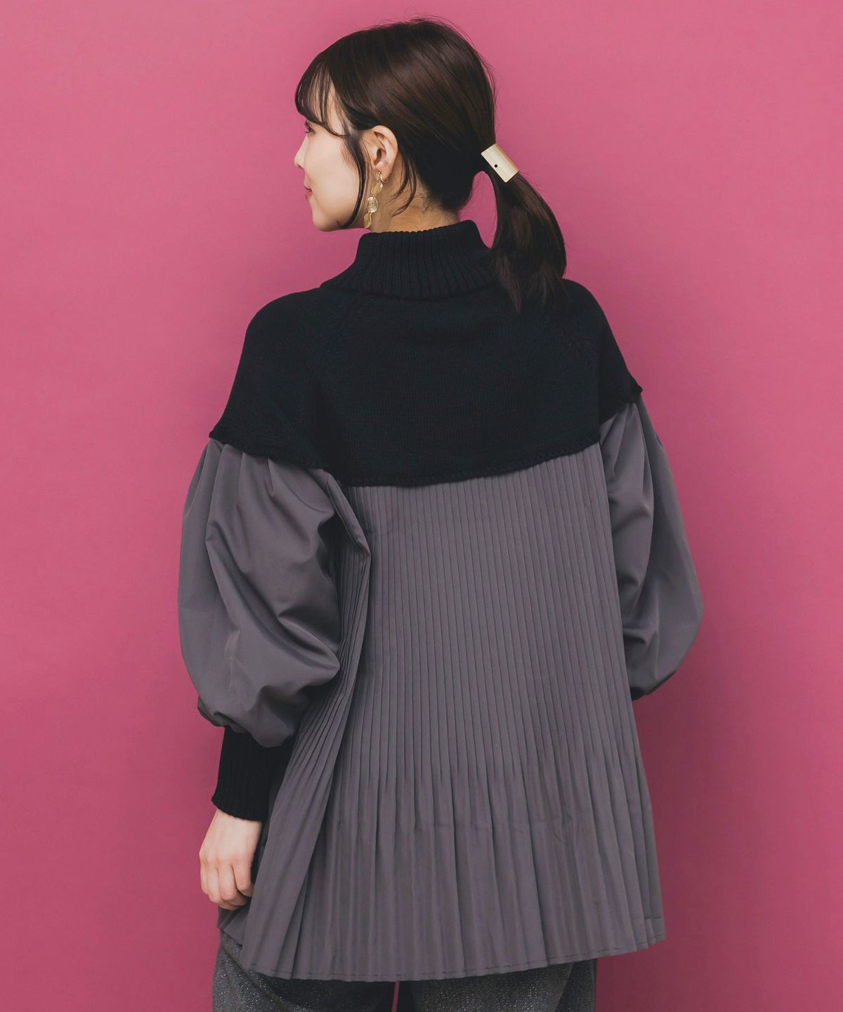 花刺繍ニット×プリーツ異素材切替プルオーバー-5