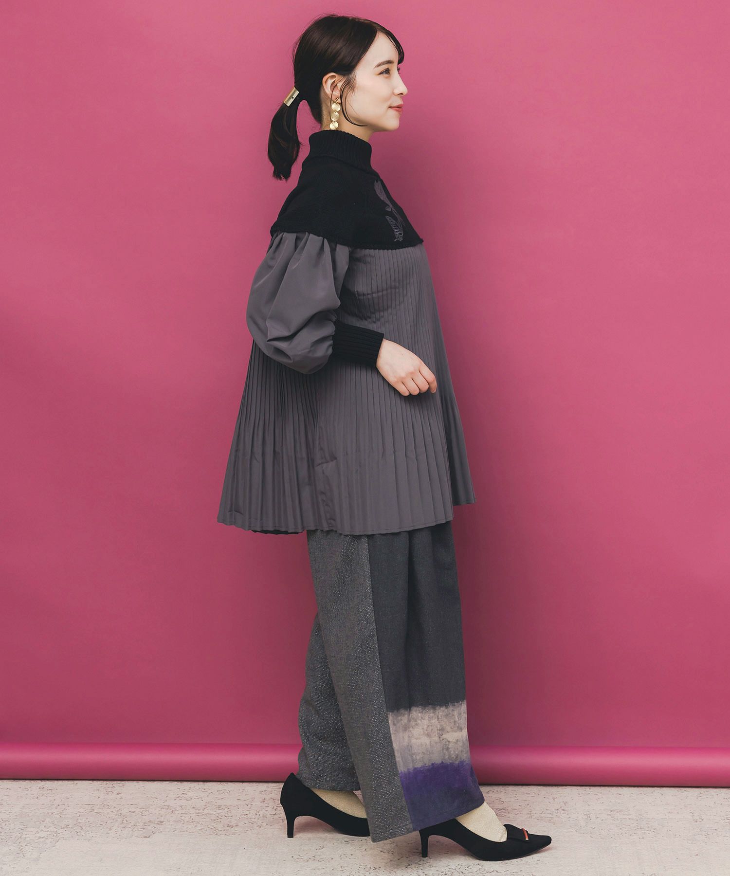 花刺繍ニット×プリーツ異素材切替プルオーバー-6