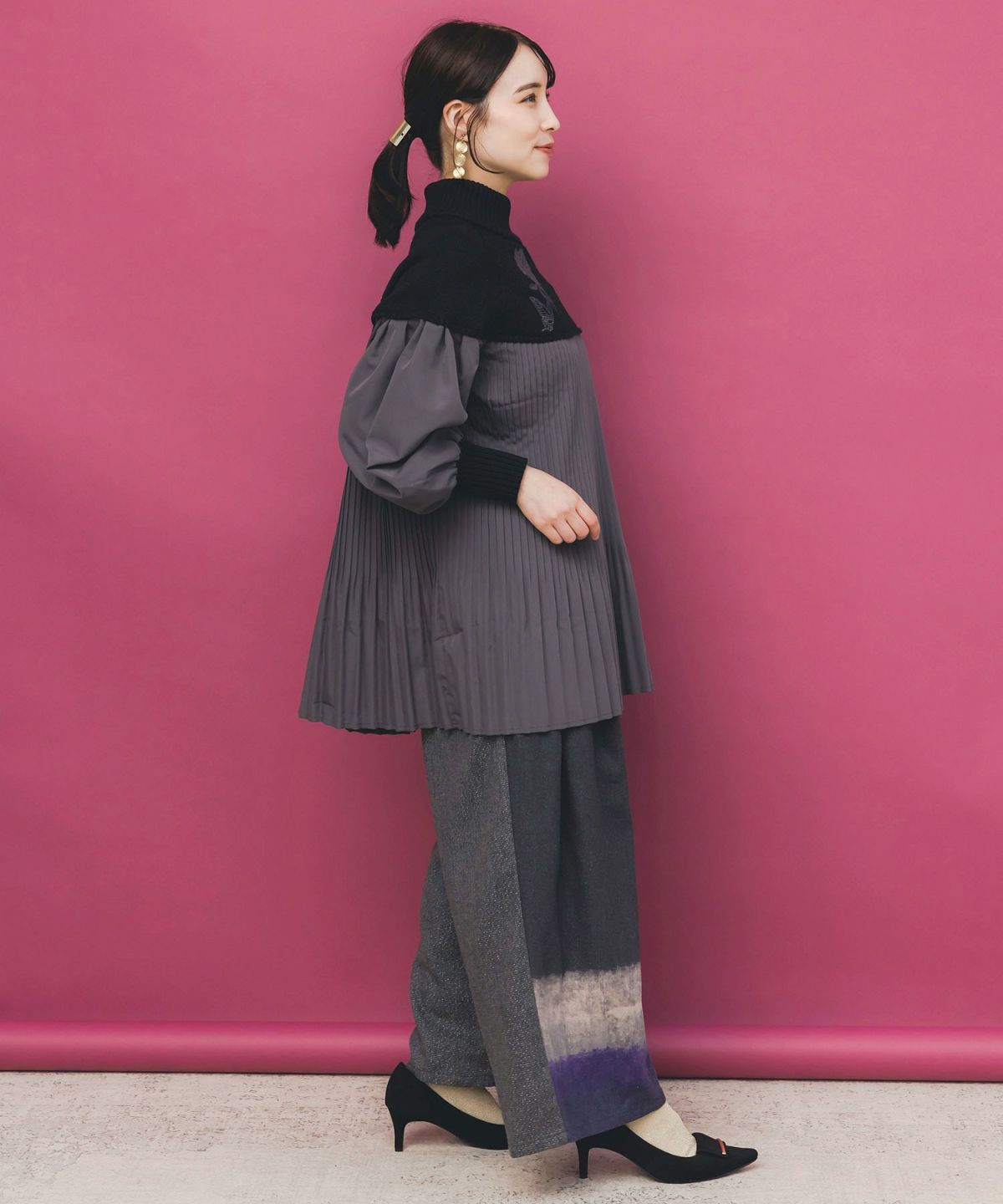 花刺繍ニット×プリーツ異素材切替プルオーバー-6