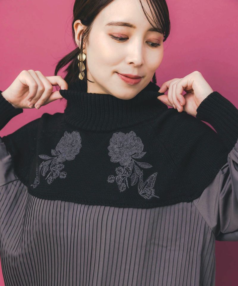 花刺繍ニット×プリーツ異素材切替プルオーバー-7