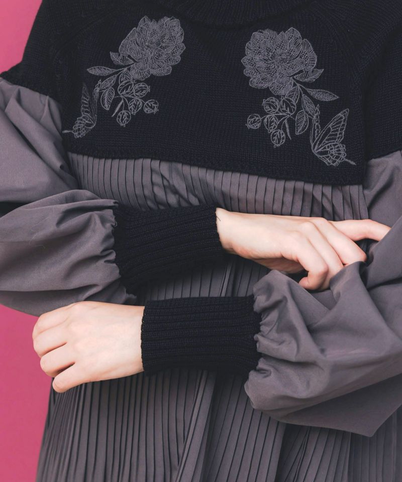 花刺繍ニット×プリーツ異素材切替プルオーバー-8