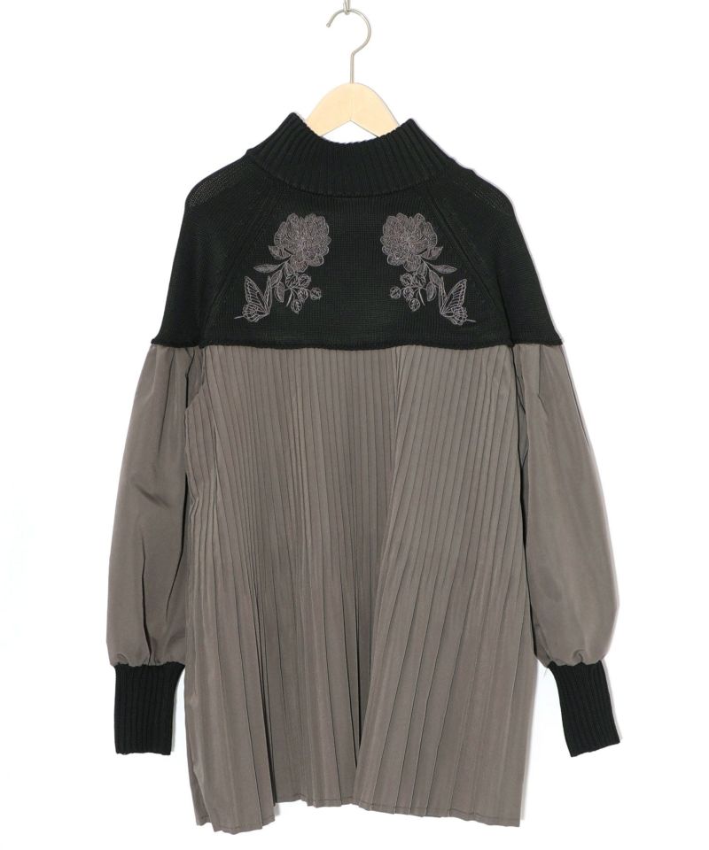 花刺繍ニット×プリーツ異素材切替プルオーバー-10