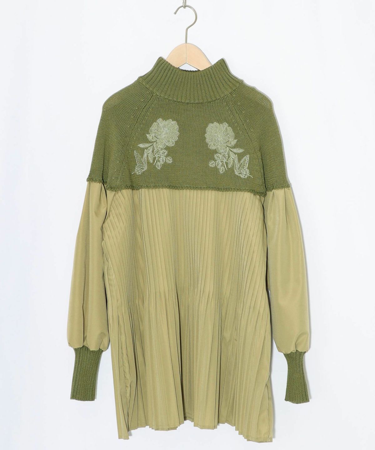 花刺繍ニット×プリーツ異素材切替プルオーバー-12