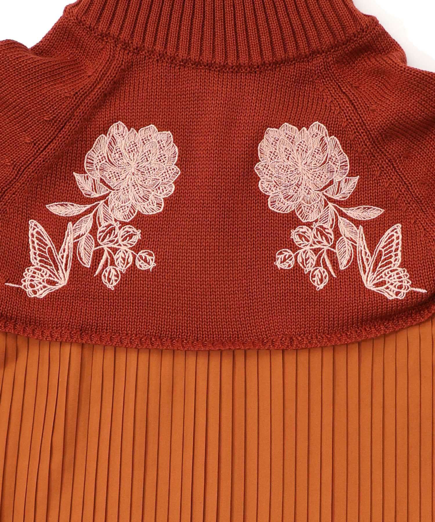 花刺繍ニット×プリーツ異素材切替プルオーバー-15