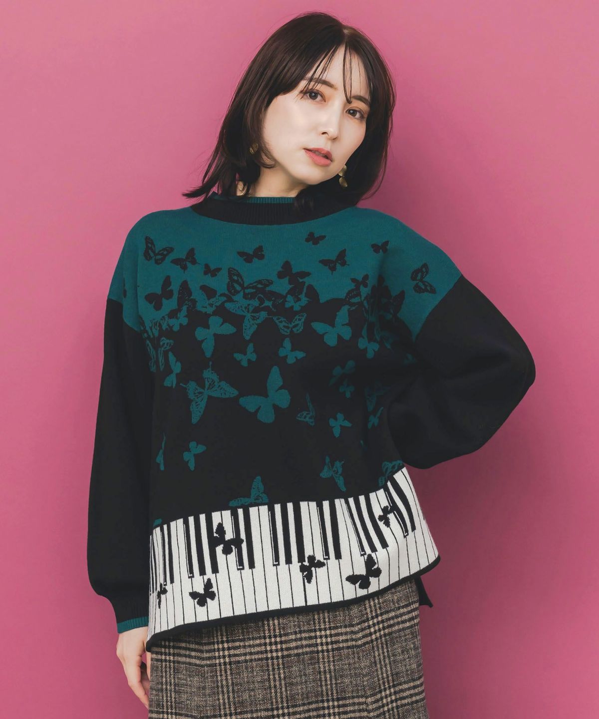 ピアノ×蝶柄バイカラーニットプルオーバー-1