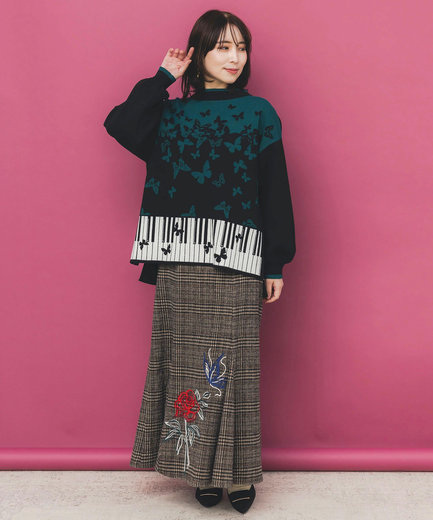 ピアノ×蝶柄バイカラーニットプルオーバー-2