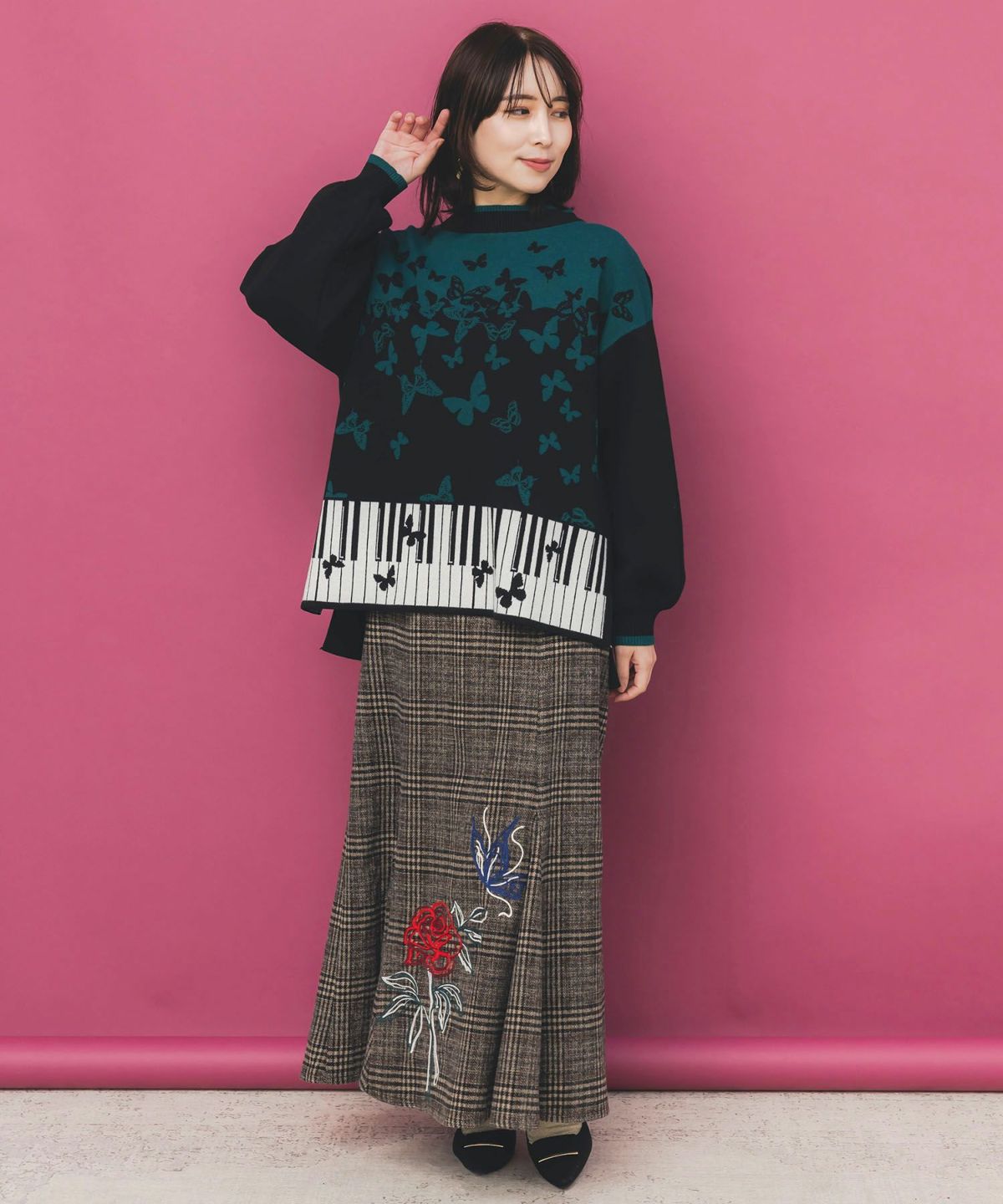 ピアノ×蝶柄バイカラーニットプルオーバー-2