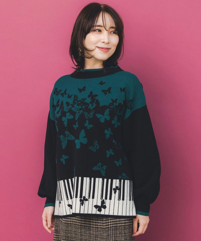 ピアノ×蝶柄バイカラーニットプルオーバー-3