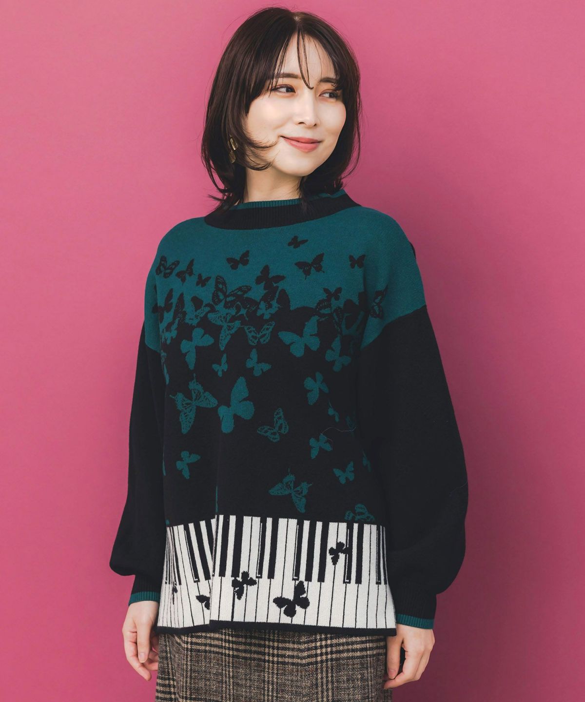 ピアノ×蝶柄バイカラーニットプルオーバー-3