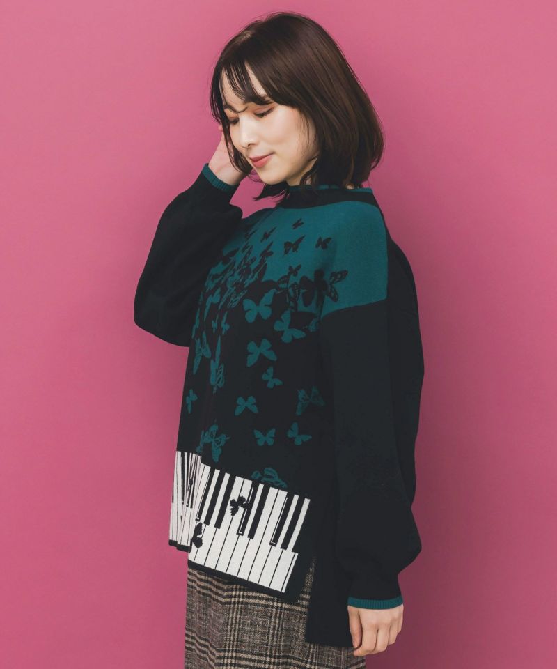ピアノ×蝶柄バイカラーニットプルオーバー-4