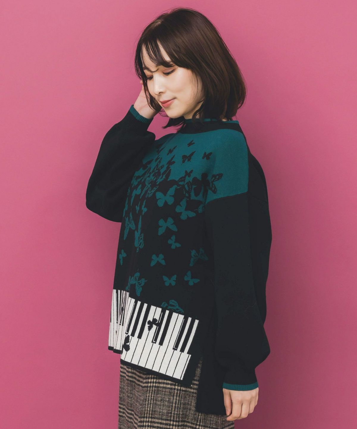 ピアノ×蝶柄バイカラーニットプルオーバー-4