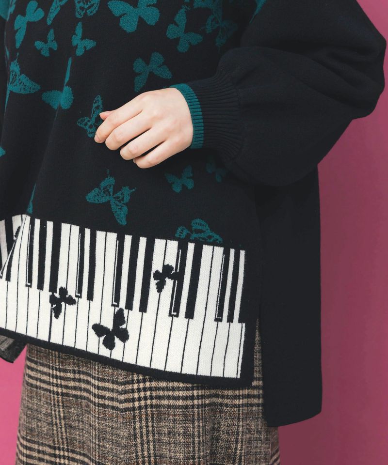 ピアノ×蝶柄バイカラーニットプルオーバー-7