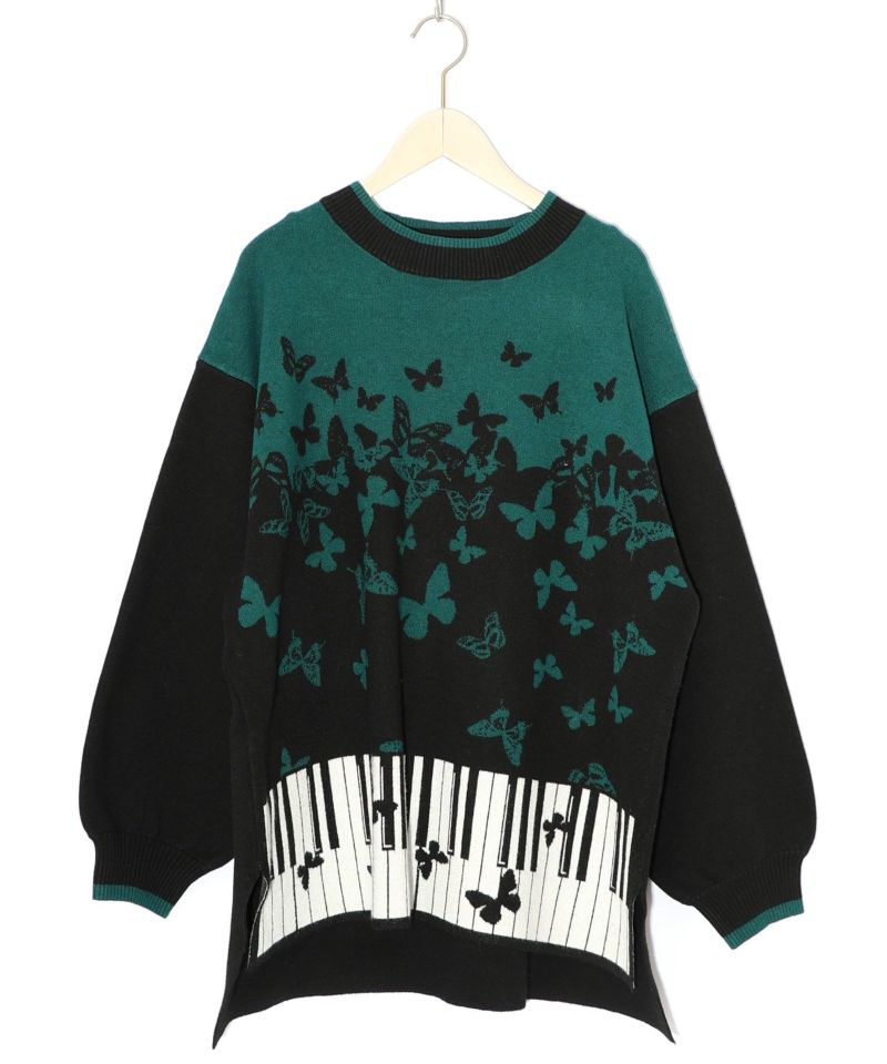 ピアノ×蝶柄バイカラーニットプルオーバー-9