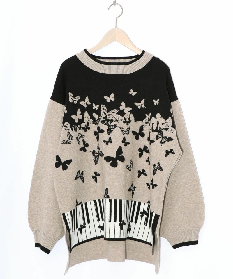 ピアノ×蝶柄バイカラーニットプルオーバー-11
