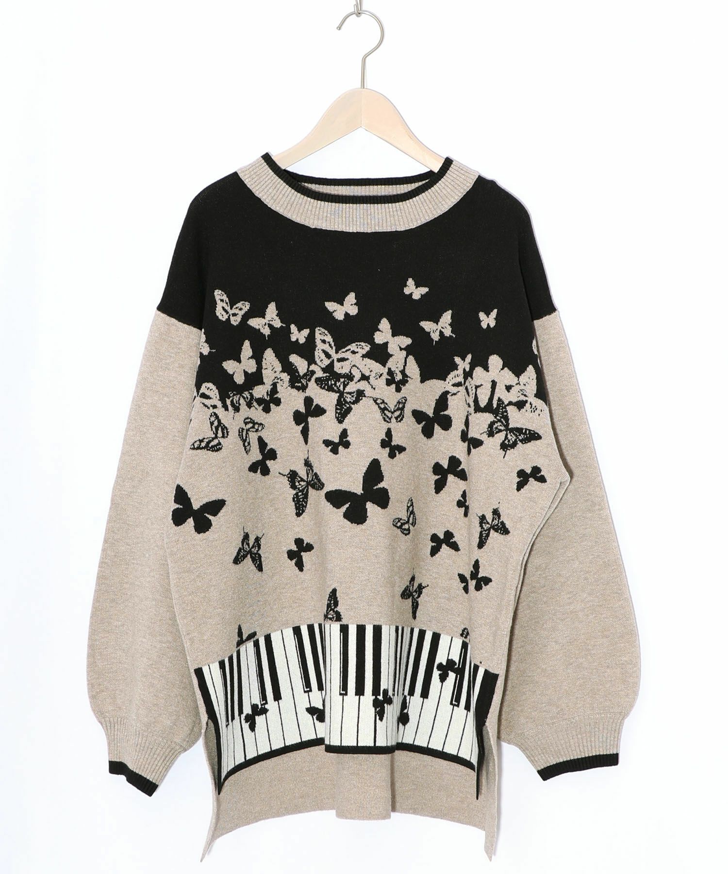 ピアノ×蝶柄バイカラーニットプルオーバー-11