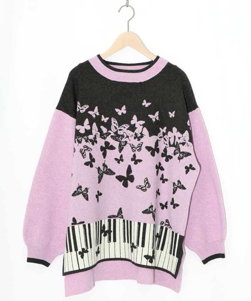 ピアノ×蝶柄バイカラーニットプルオーバー-13