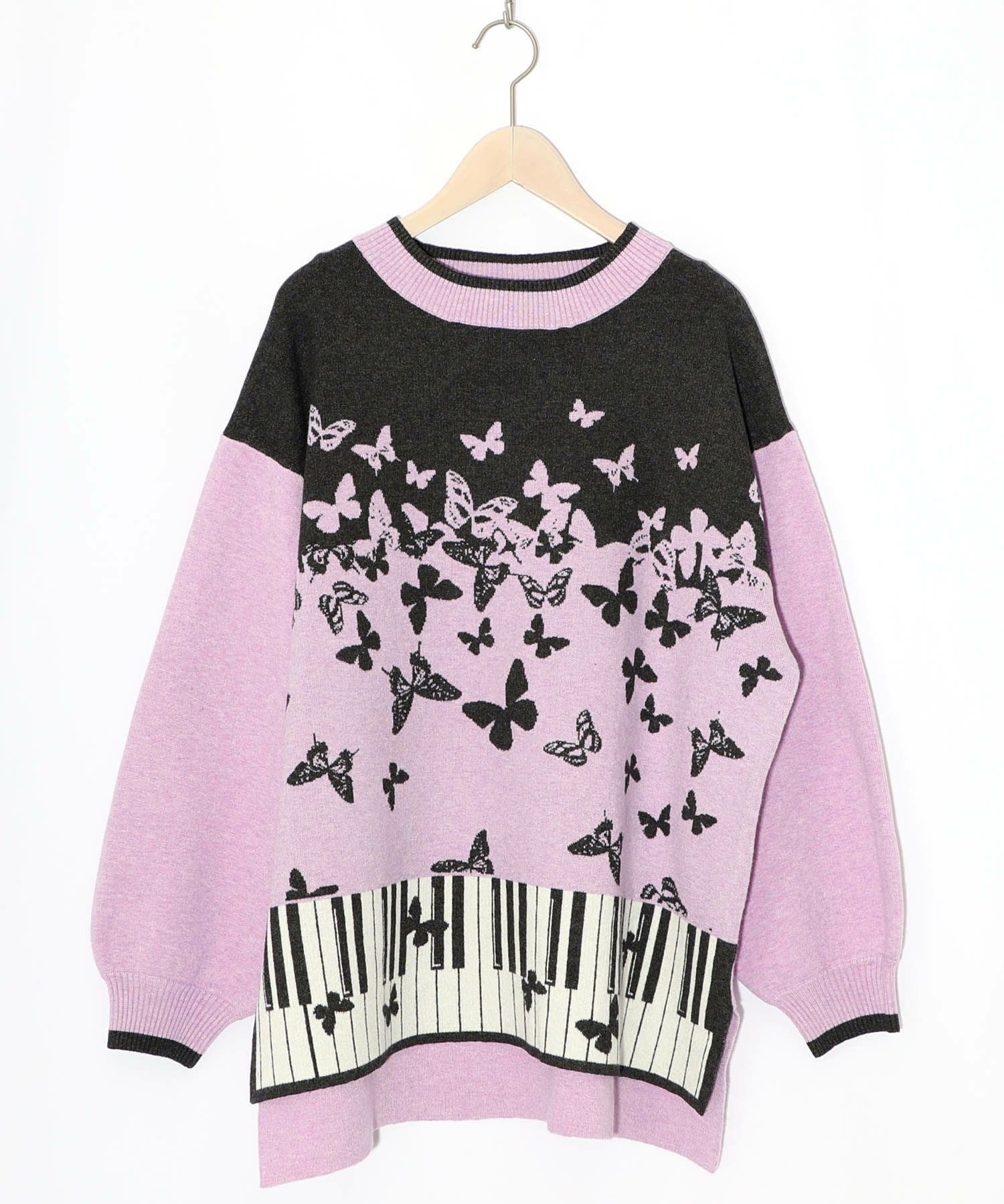 ピアノ×蝶柄バイカラーニットプルオーバー-13