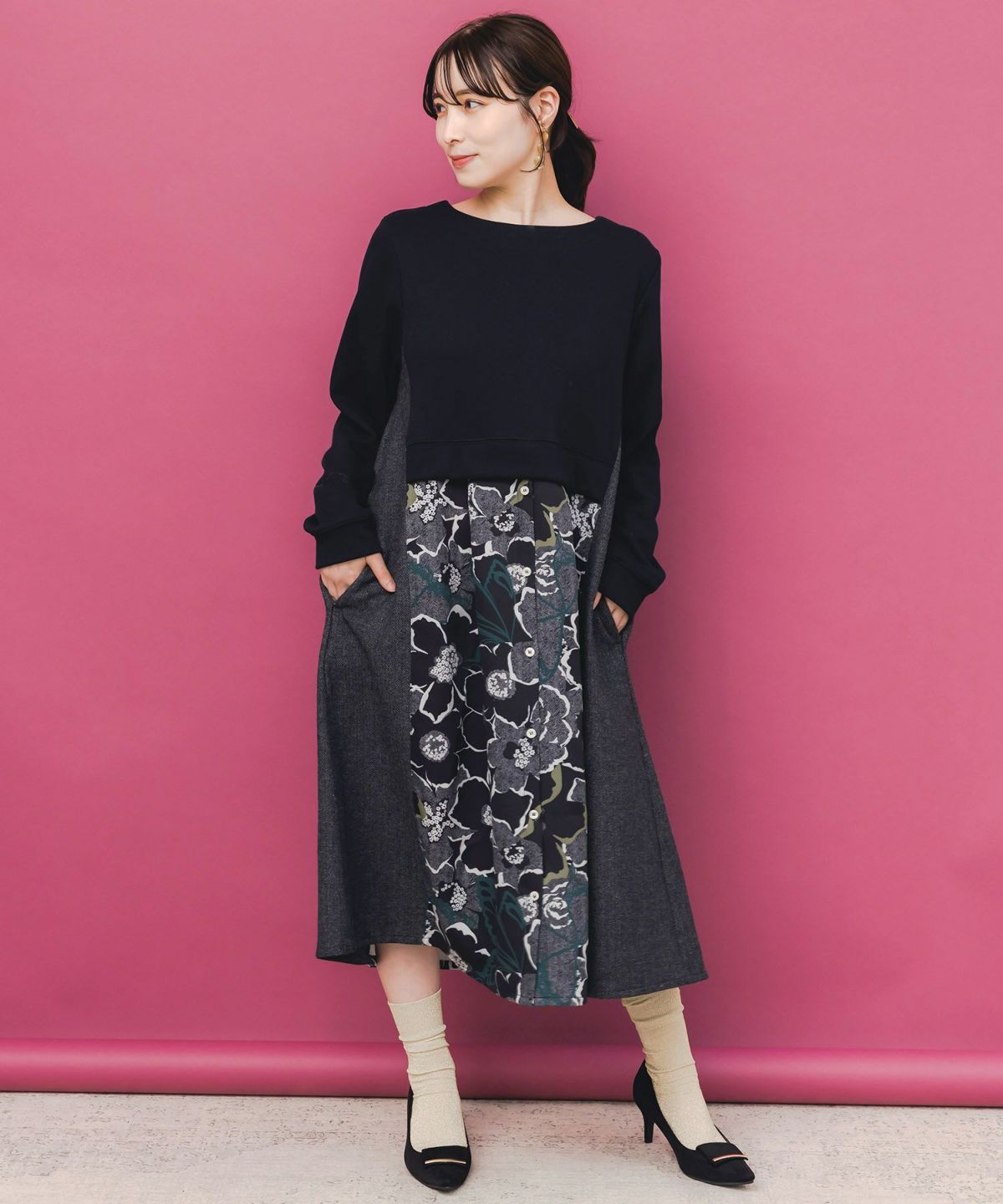 花柄ヘリンボーン×裏毛×布帛 異素材切替ワンピース-1