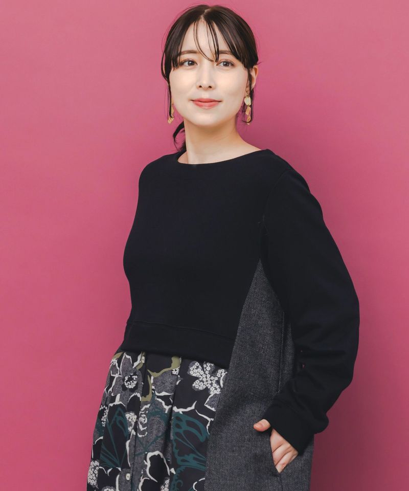 花柄ヘリンボーン×裏毛×布帛 異素材切替ワンピース-2