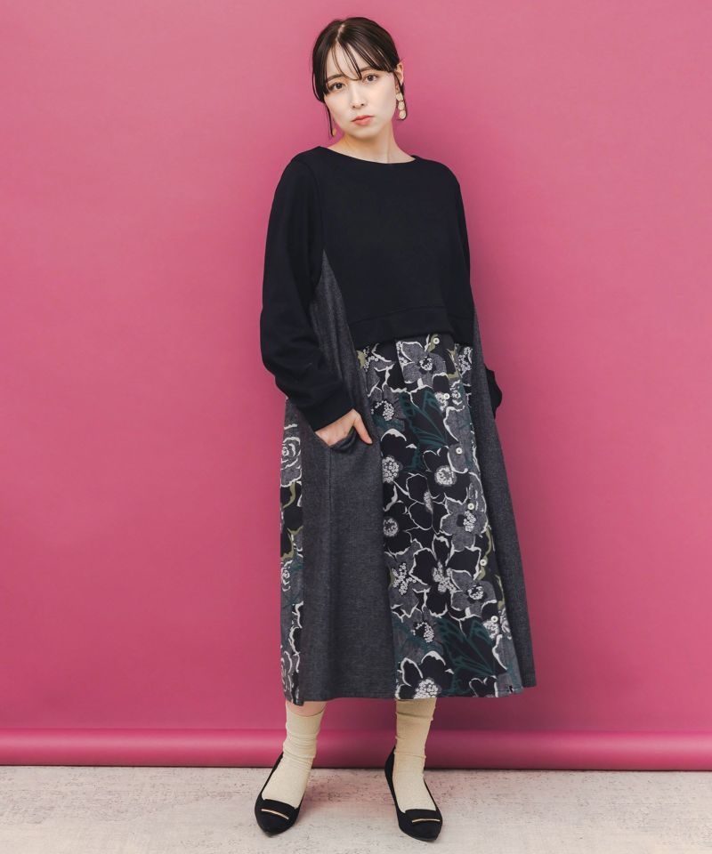 花柄ヘリンボーン×裏毛×布帛 異素材切替ワンピース-3