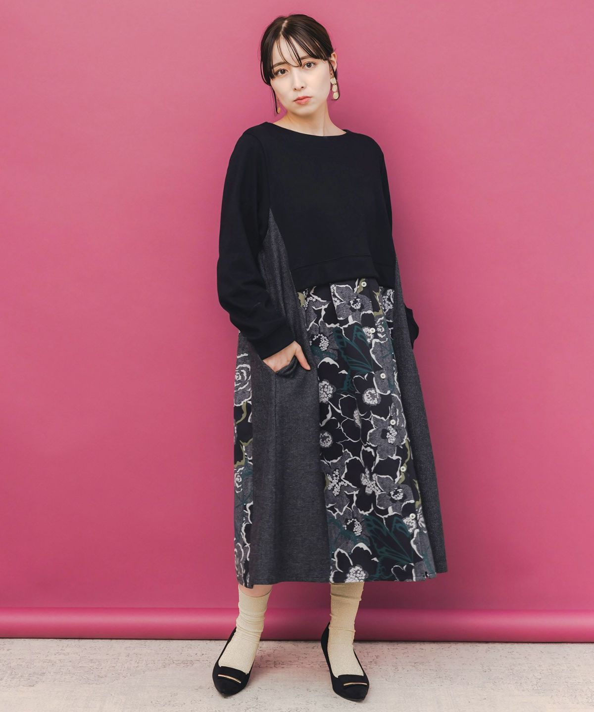 花柄ヘリンボーン×裏毛×布帛 異素材切替ワンピース-3