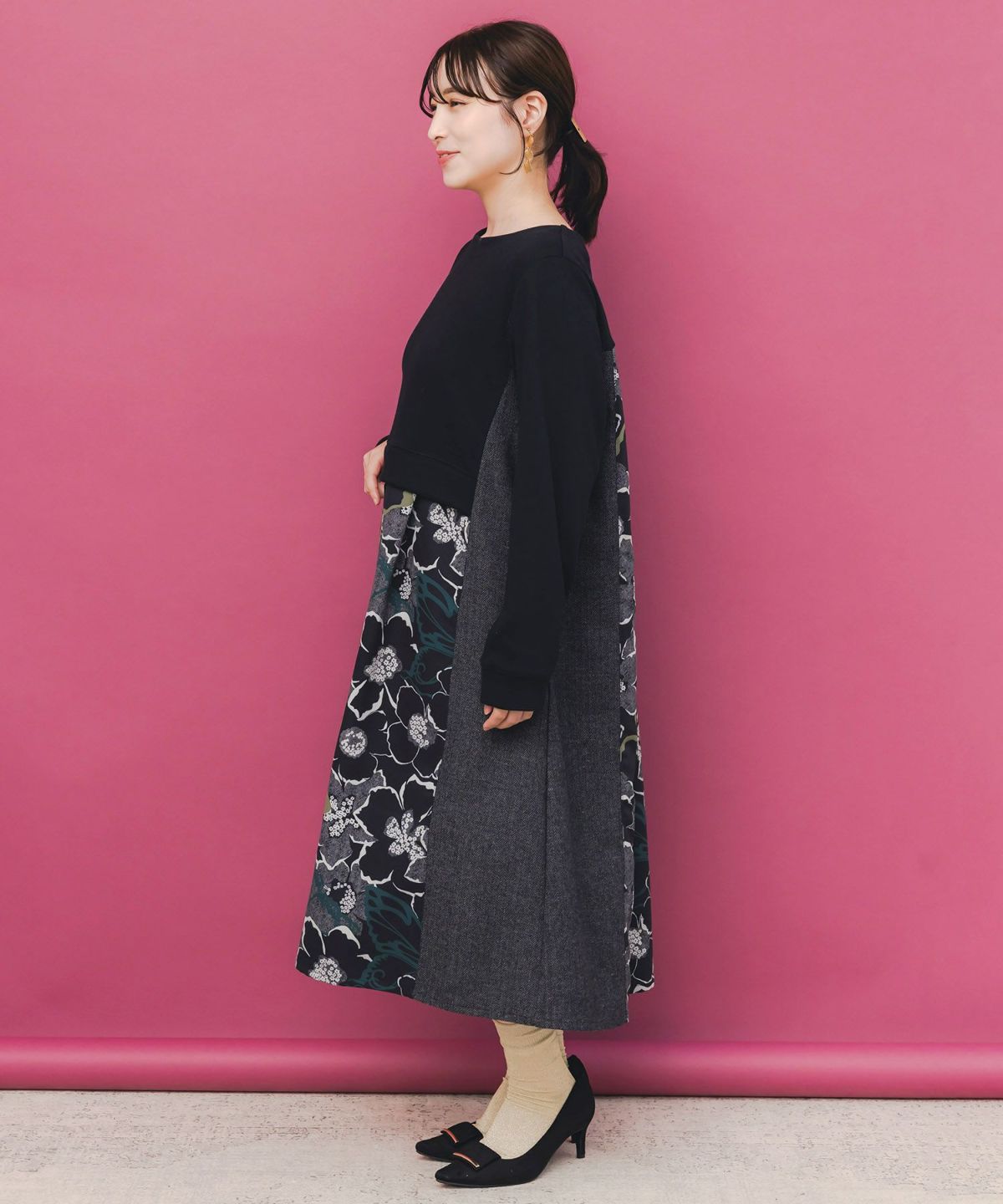 花柄ヘリンボーン×裏毛×布帛 異素材切替ワンピース-4