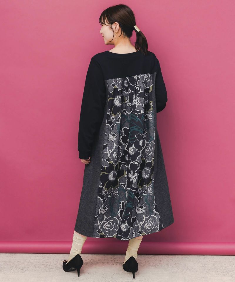 花柄ヘリンボーン×裏毛×布帛 異素材切替ワンピース-5