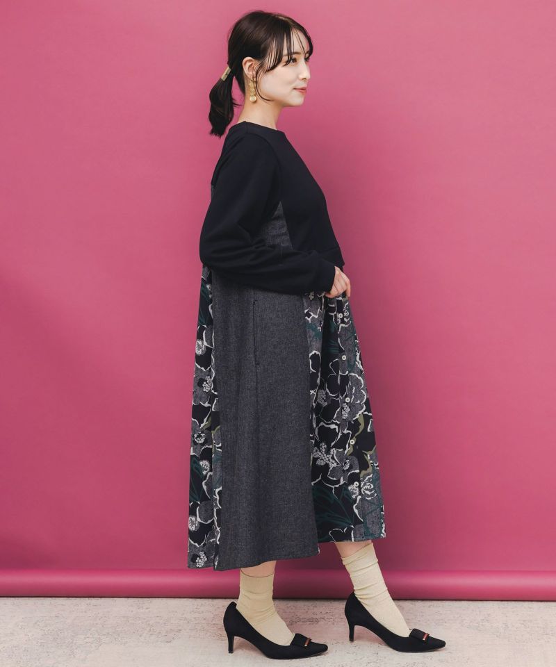 花柄ヘリンボーン×裏毛×布帛 異素材切替ワンピース-6