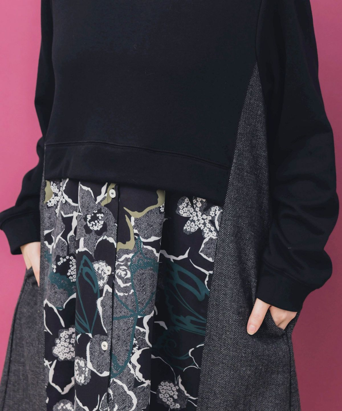 花柄ヘリンボーン×裏毛×布帛 異素材切替ワンピース-7