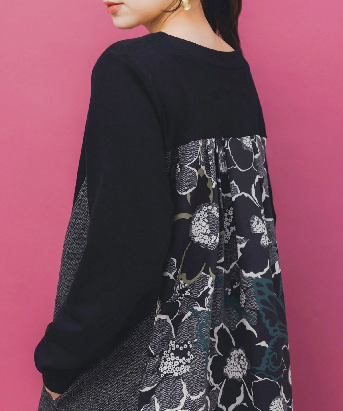 花柄ヘリンボーン×裏毛×布帛 異素材切替ワンピース-8