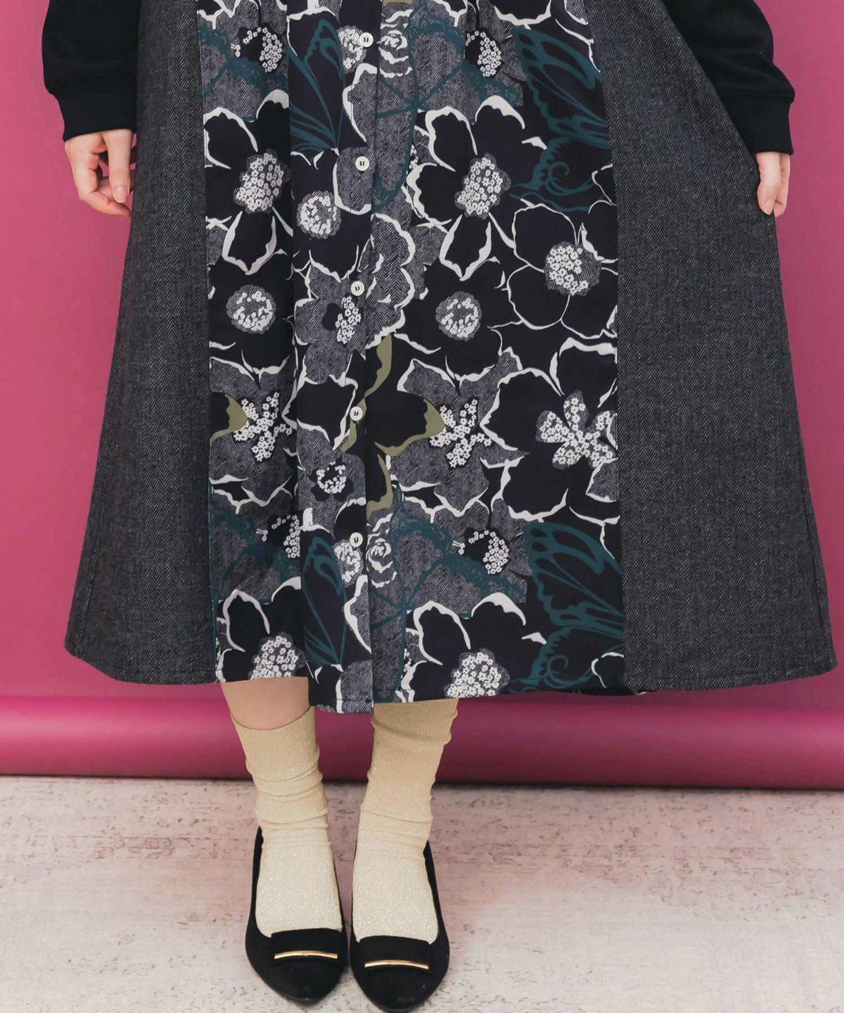 花柄ヘリンボーン×裏毛×布帛 異素材切替ワンピース-9