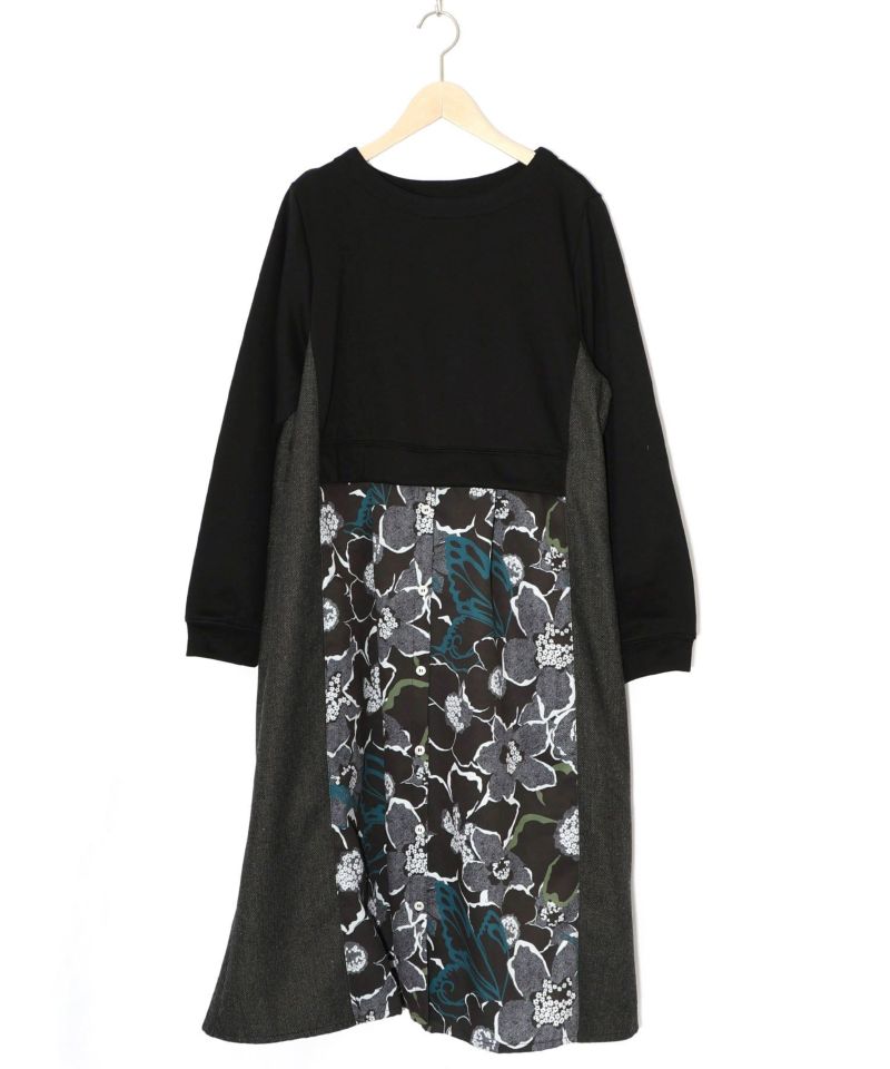 花柄ヘリンボーン×裏毛×布帛 異素材切替ワンピース-10