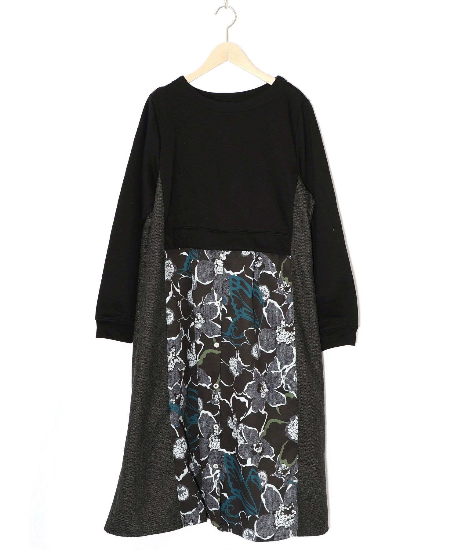 花柄ヘリンボーン×裏毛×布帛 異素材切替ワンピース-10