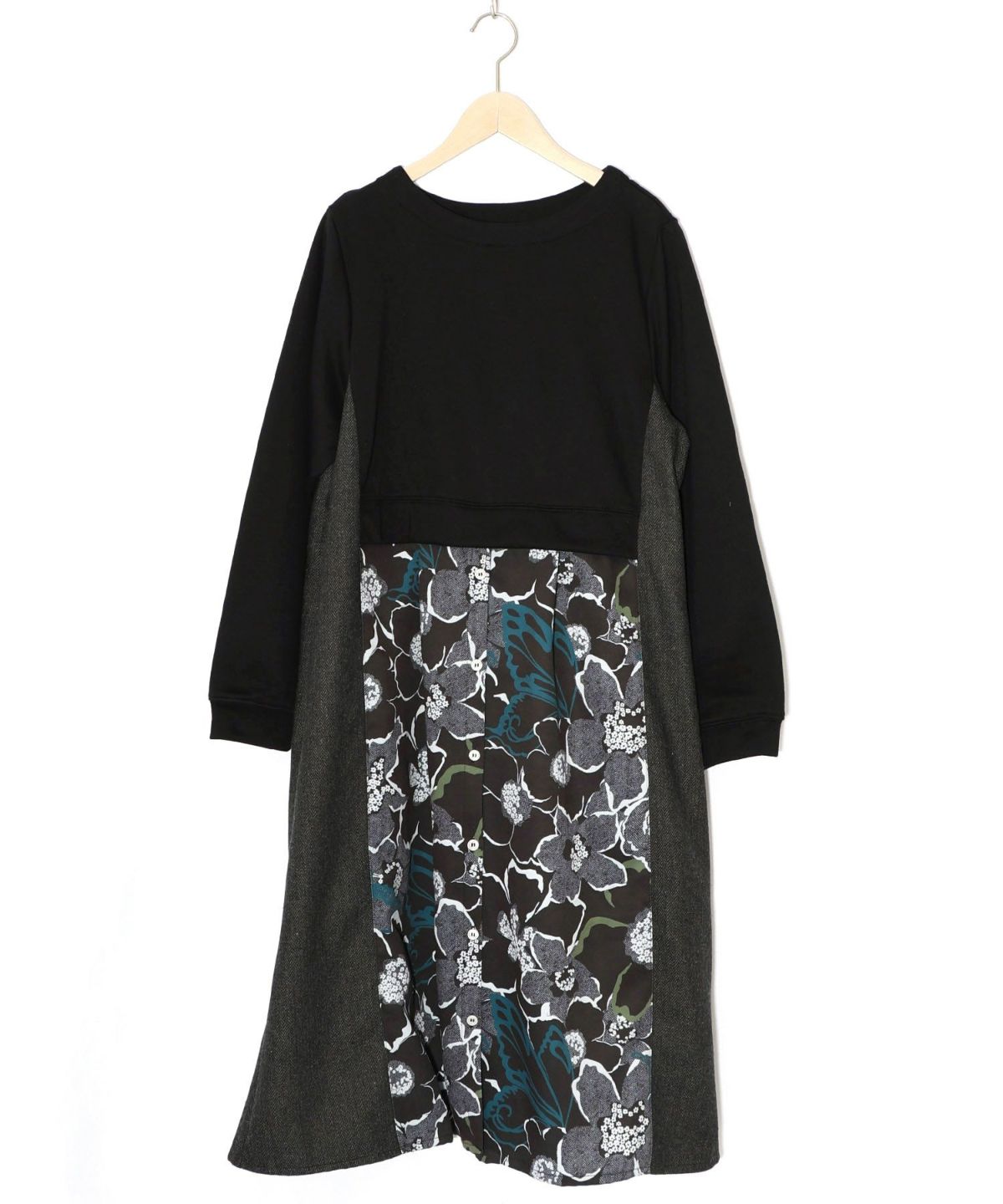 花柄ヘリンボーン×裏毛×布帛 異素材切替ワンピース-10