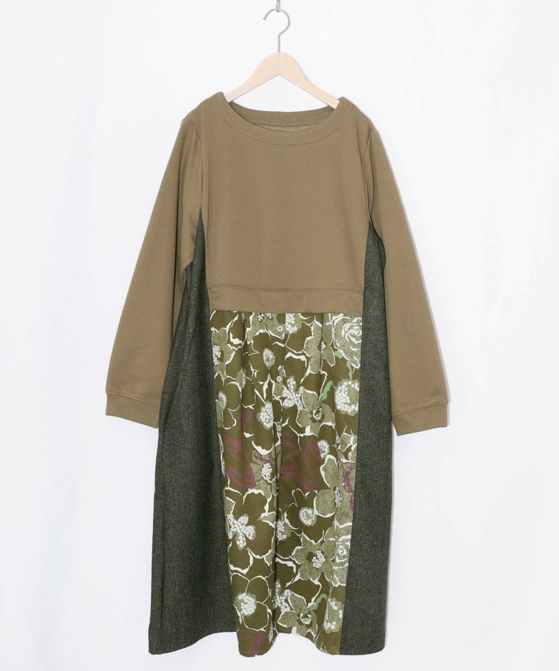 花柄ヘリンボーン×裏毛×布帛 異素材切替ワンピース-12