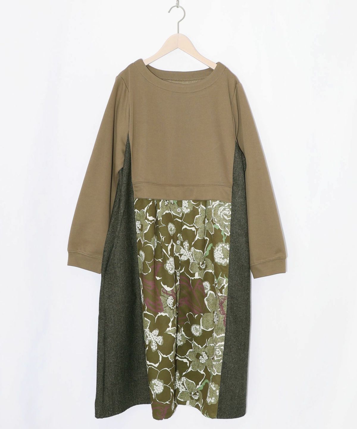 花柄ヘリンボーン×裏毛×布帛 異素材切替ワンピース-12