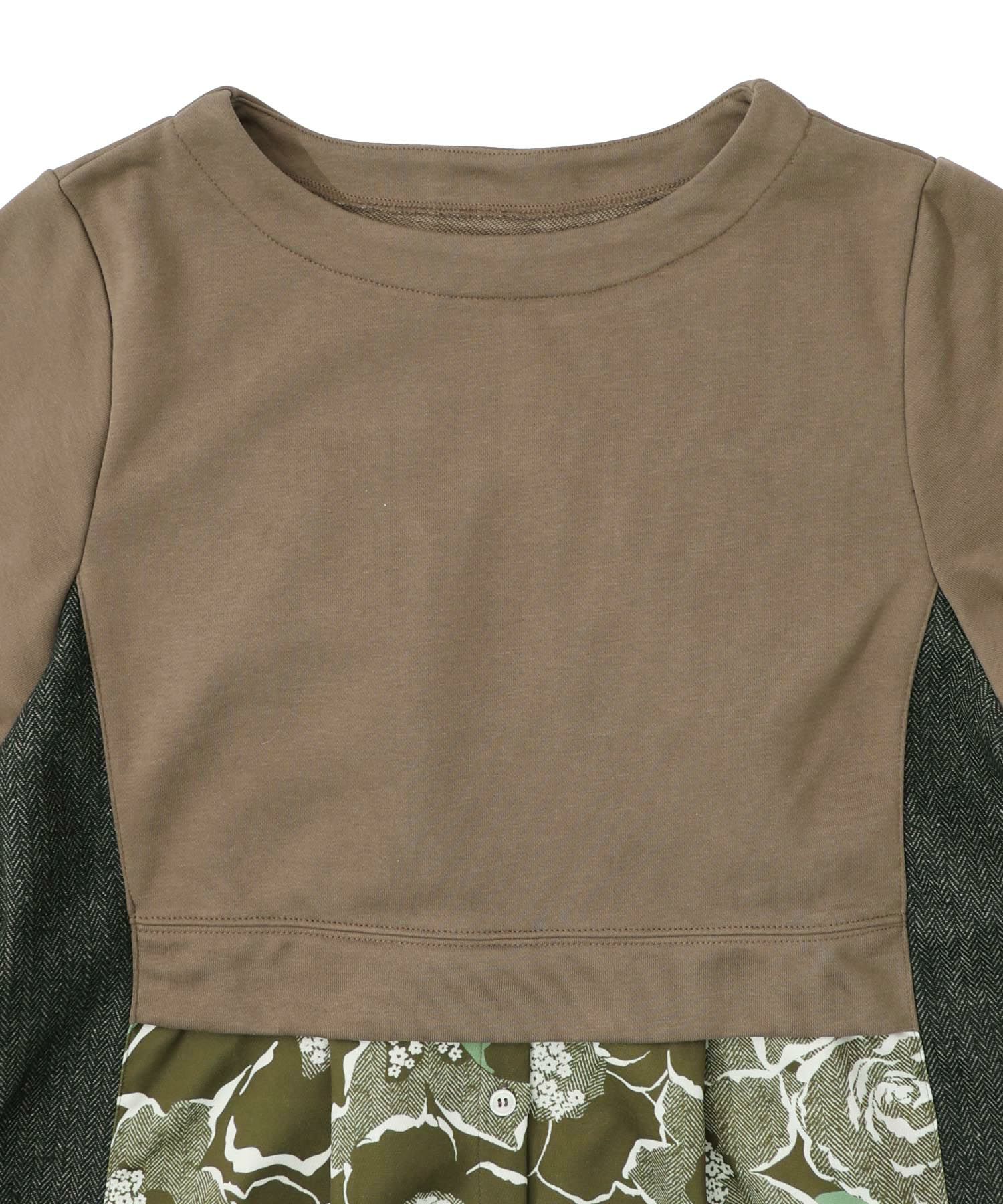 花柄ヘリンボーン×裏毛×布帛 異素材切替ワンピース-14