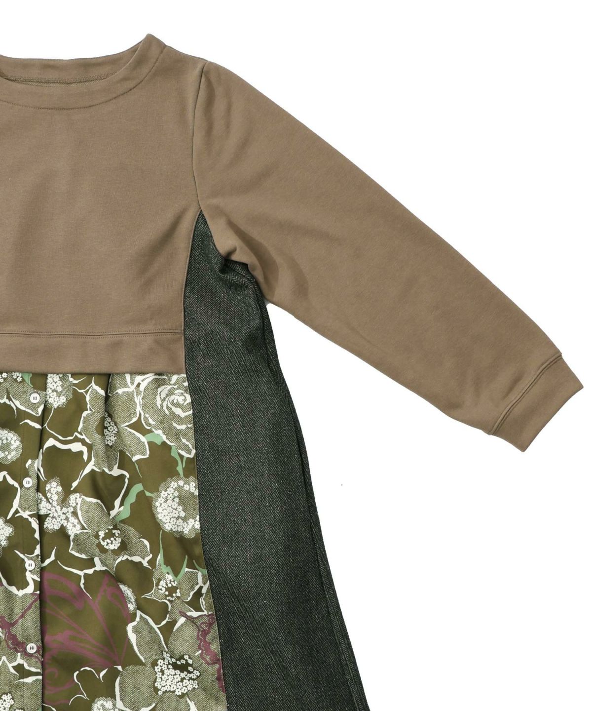 花柄ヘリンボーン×裏毛×布帛 異素材切替ワンピース-16