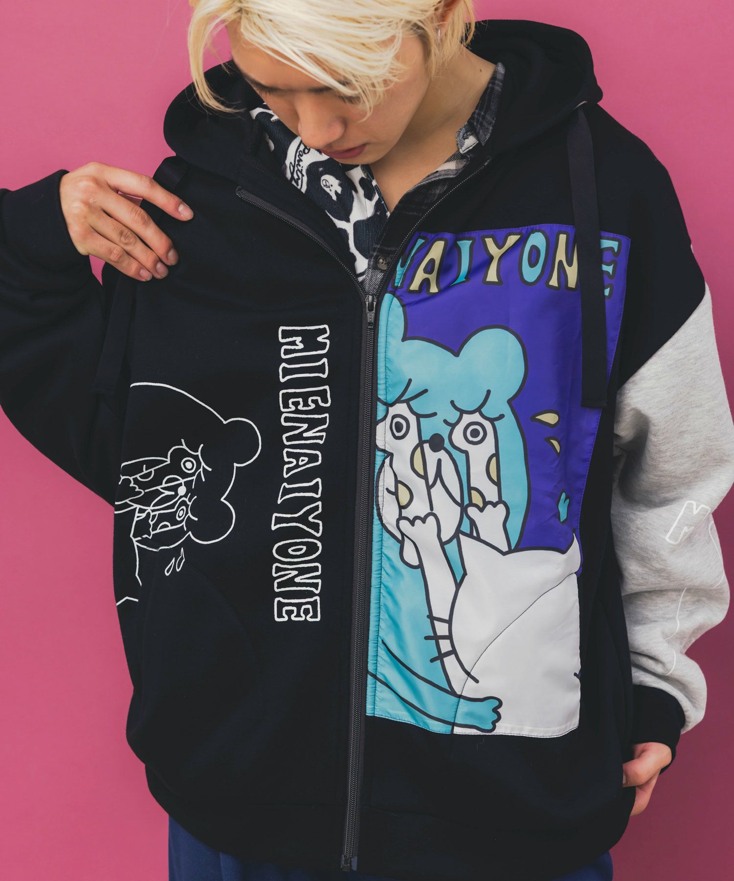 ネコとクマとチンアナゴ柄 リメイク風裏起毛パーカー-1