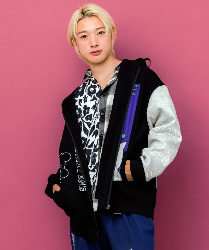 ネコとクマとチンアナゴ柄 リメイク風裏起毛パーカー-2