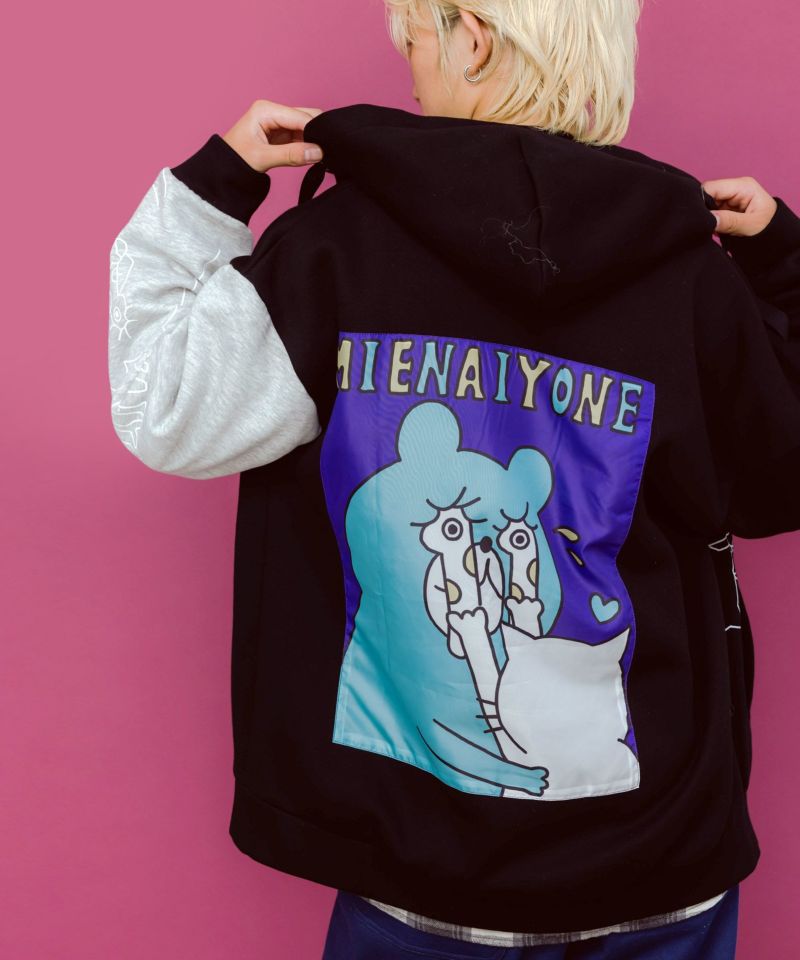 ネコとクマとチンアナゴ柄 リメイク風裏起毛パーカー-5