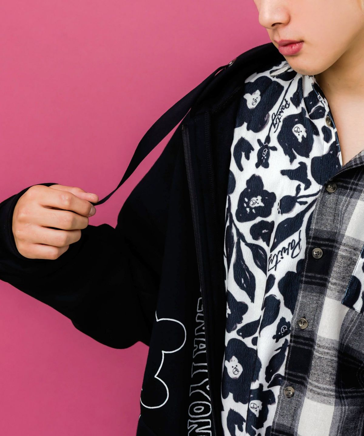 ネコとクマとチンアナゴ柄 リメイク風裏起毛パーカー-7