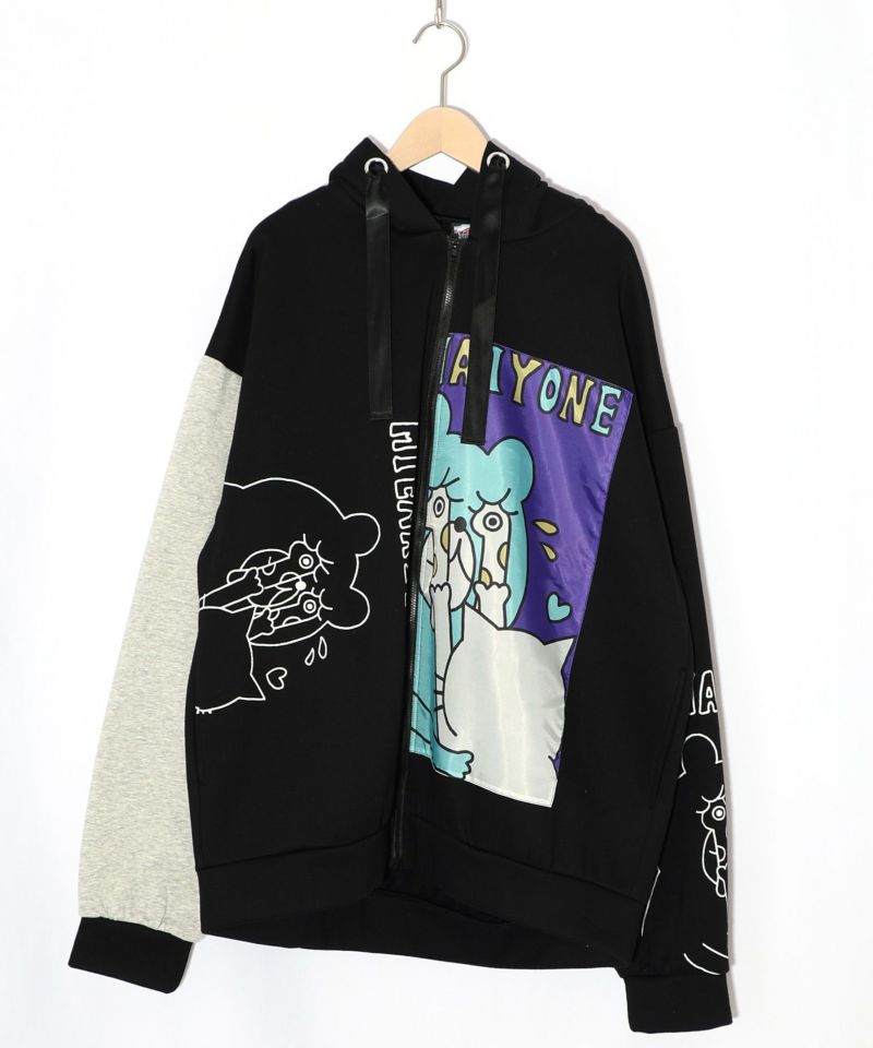 ネコとクマとチンアナゴ柄 リメイク風裏起毛パーカー-8