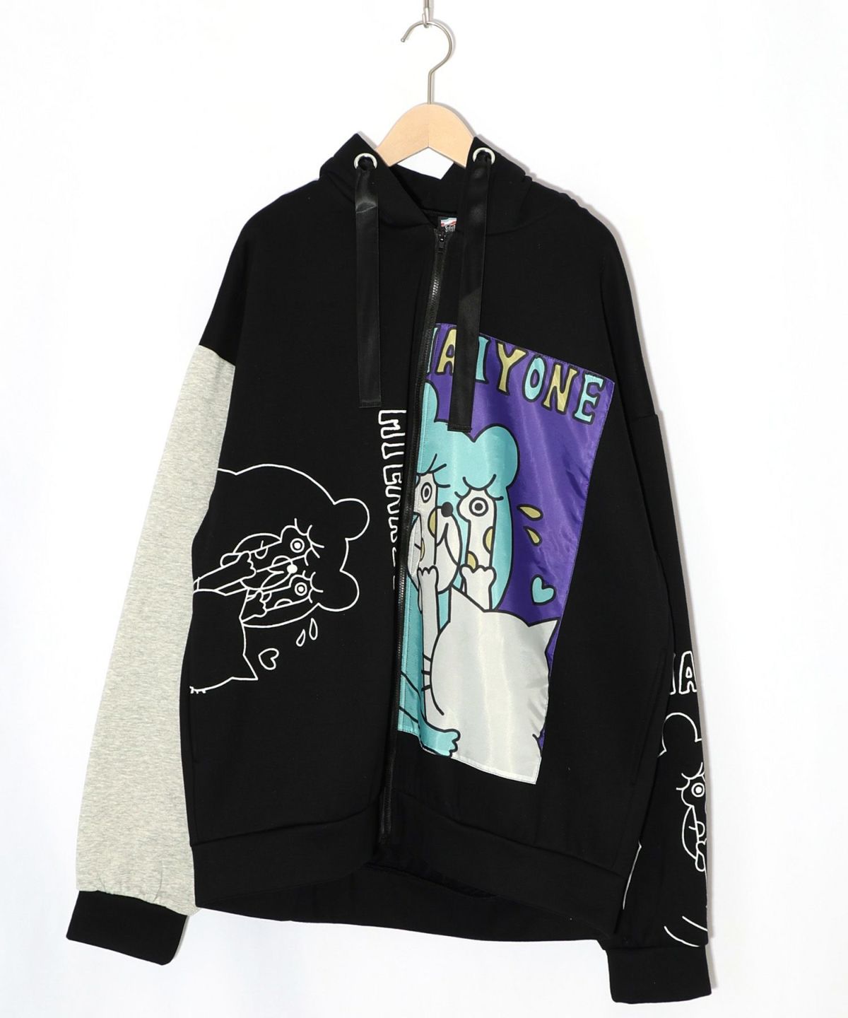 ネコとクマとチンアナゴ柄 リメイク風裏起毛パーカー-8